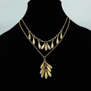 J CREW Gold Tone Layered Pearl Bell Charm Fringe Statement‎ Necklace